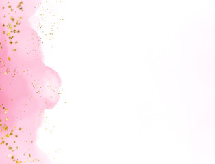 Soft pink watercolor splash with gold glitter accents isolated on transparent background