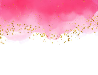 Soft pink watercolor splash with golden glitter accents isolated on transparent background