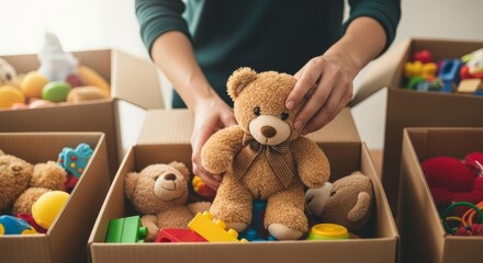 Hands packing teddy bear and plush toys in cardboard box for donation delivery