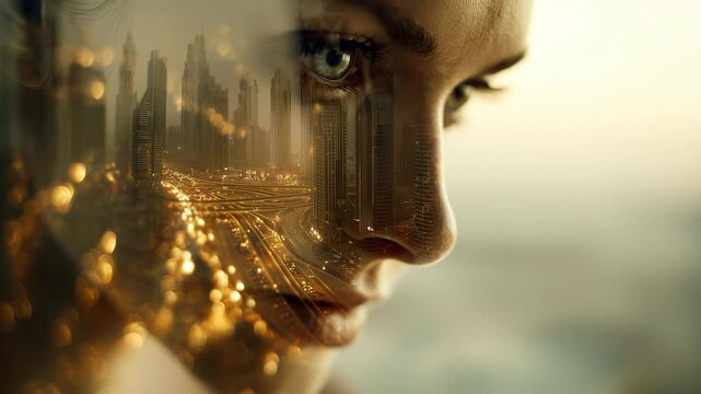 A woman gazes thoughtfully as an urban skyline reflects in her profile, merging her expression with the bustling city. The cityscape merges with her features, creating a unique ble