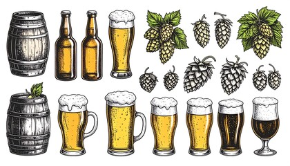 Assortment of vintage beer-related illustrations, including barrels, bottles, various glassware with frothy beer, and hop plants