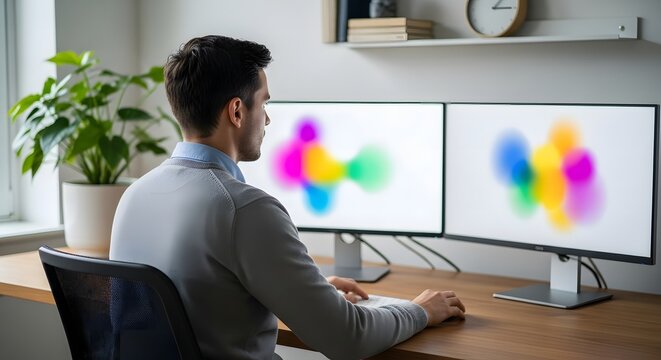 man working at desk with dual monitors displaying colorful graphics
