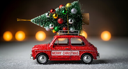 Red Vintage Car Carrying Christmas Tree – Merry Christmas