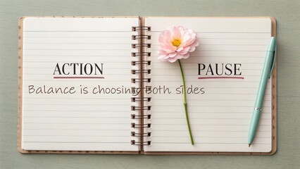 Open notebook with action and pause concept and flower detail
