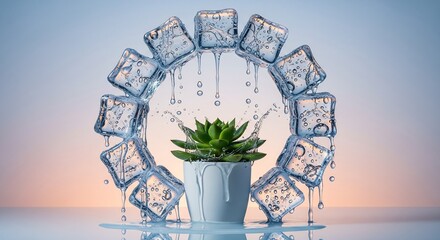 Conceptual Floating Ice Cubes Melting Around Potted Plant
