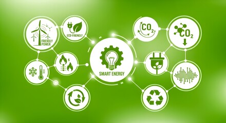 Green computing / green IT connected icon concept: environmentally sustainable ICT, Recycling, cloud computing, systems design – vector illustration