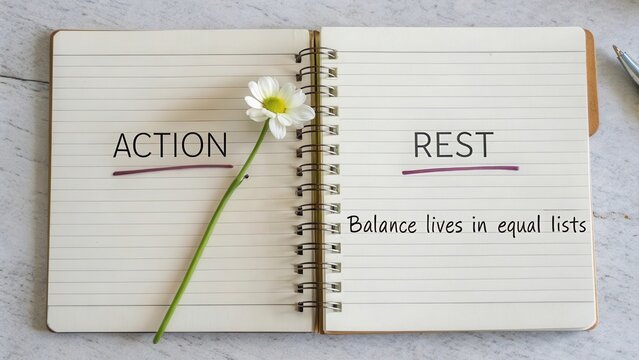 Open notebook with flower and balancing words on paper