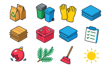 Winter Cleanup Icons. Winter Cleanup Day flat icons set. paper bags, bins, gloves, cardboard stack, plastic crate, folded wrap, broken ornament, pine branches, checklist, recycle