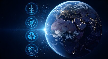 Earth green energy infographics half orb night blue icons left side.