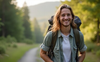 A happy hiker smiling at the camera while carrying a backpack, great for outdoor and travel themes. High quality