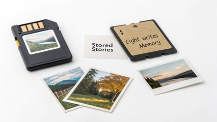 Flat lay of digital memory card and printed photographs on white surface