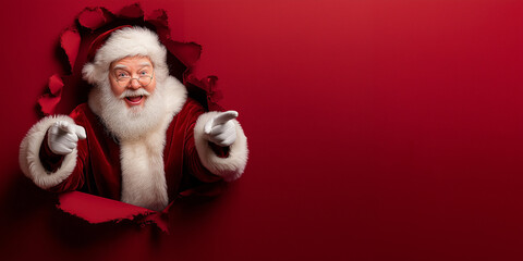 Surprised Santa Claus Pointing Finger Through Torn Red Paper Hole - Christmas Sale and Announcement Concept