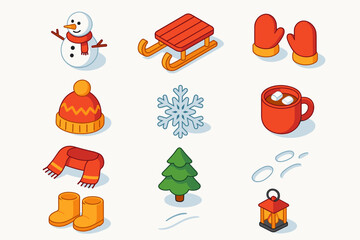 Naklejka premium Christmas Snow Icons. Christmas Snow Fun flat icons set. snowman, sled, mittens, wool hat, snowflake, snowball, scarf, pine tree, hot cocoa, boots, lantern, snow trail