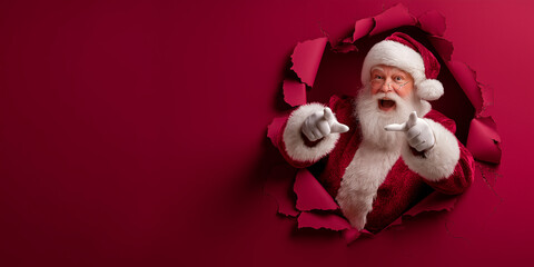Surprised Santa Claus Pointing Finger Through Torn Red Paper Hole - Christmas Sale and Announcement Concept