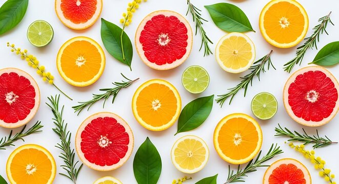 Citrus fruit slices with rosemary and leaves isolated on white background - Powered by Adobe
