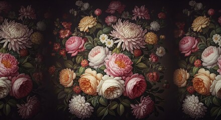 Floral arrangement with peonies roses chrysanthemums and dahlias in an old master style