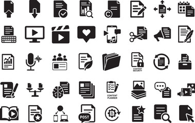 Content icons set with media, tools, and symbols for digital marketing, branding, and design.