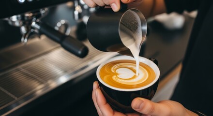 Pouring milk into coffee art barista cafe latte cappuccino cup beverage drink espresso
