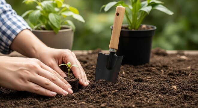 Gardener planting a seedling gardening springtime growth nurture cultivation soil hobby