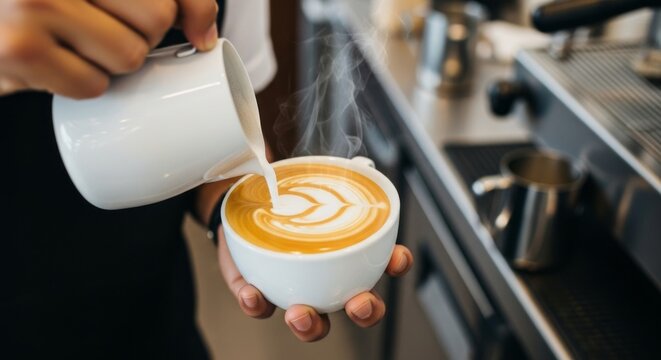 Barista pouring milk art into a cappuccino cup creating latte art with espresso foam design - Powered by Adobe