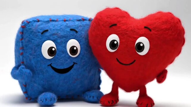 Cute red heart character hugging a sad blue square to cheer him up. Felt fabric texture animation about empathy, friendship, and emotional support