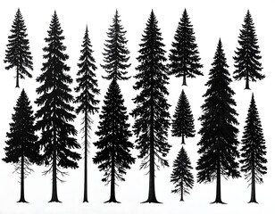 Obraz premium Black silhouette depiction of evergreen trees. Some tall, some short. Isolated against a plain white background. Trees vary in width