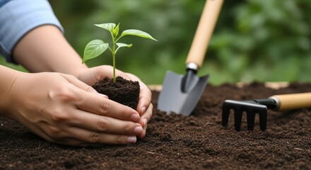 Close up of hands planting a small green plant into soil with garden tools around