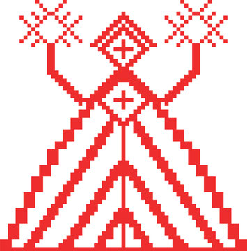 Radovnitsa with candles. Embroidered Belarusian national pattern. Red stylized folk Slavic patterns. Vector illustration.
