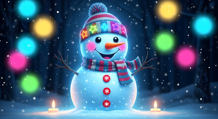 Cute Neon Snowman with Glowing Hat Christmas Winter Night