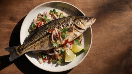 Delicious Grilled Fish Dish with Fresh Salad and Lemon on Plate.