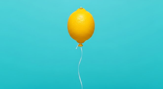 A lemon balloon floats against a bright blue background in studio shot