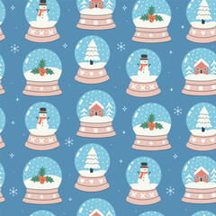 Seamless pattern with snow globes and snowflakes. Vector graphics.