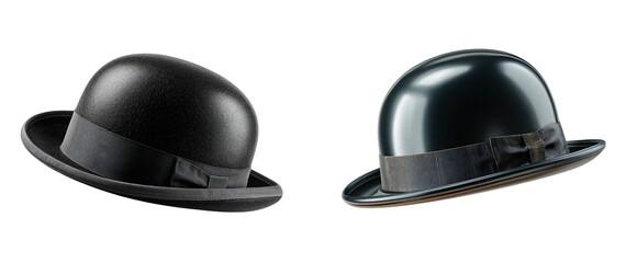 Two bowler hats showcase texture and shine against a stark shot on transparent background
