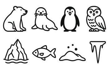 Obraz premium Arctic Animal Icons. Arctic Animals linear icon set. polar bear, seal, penguin, snowy owl, iceberg, fish, snowdrift, icicle