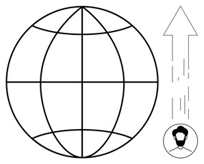 Globe with longitudinal and latitudinal lines beside ascending arrow and person silhouette. Ideal for global impact, progress, growth, strategy, innovation, leadership, digital transformation. Simple