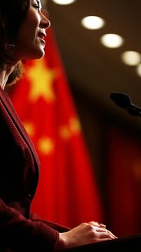 Vertical video of a female Chinese politician with Chinese flag in the background.