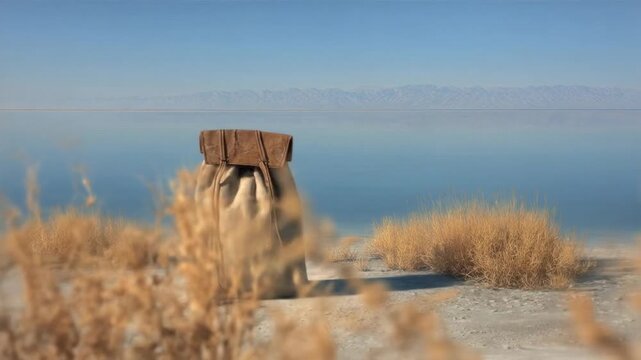 A cloth backpack sits alone on a shoreline, with water and mountains in background on a clear, sunny day
