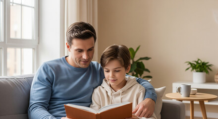 Father and son enjoying quality time together reading
