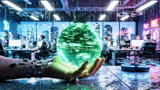 Cybernetic arm cradles a glowing data sphere, binary code cascades over office - Powered by Adobe