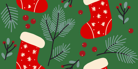Festive Christmas Stockings and Pine Branches Holiday Background