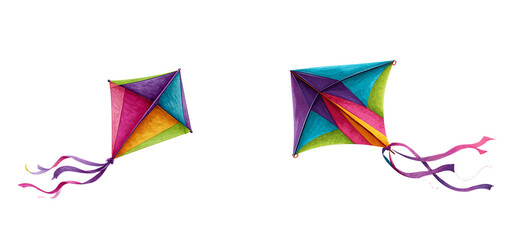 Two colorful kites floating against a in a playful design on transparent background