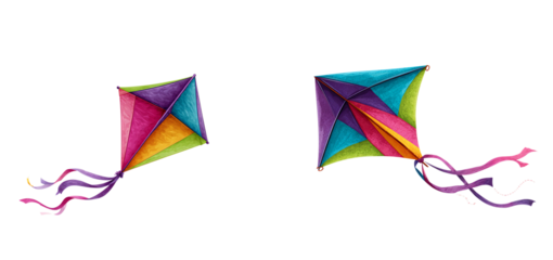 Two colorful kites floating against a in a playful design on transparent background