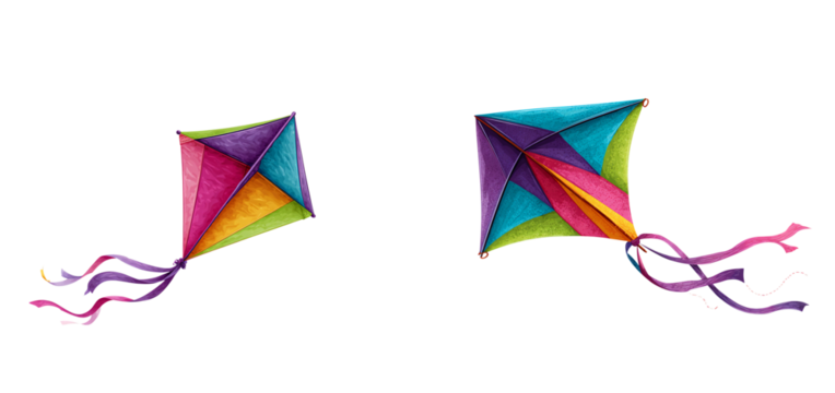 Two colorful kites floating against a in a playful design on transparent background