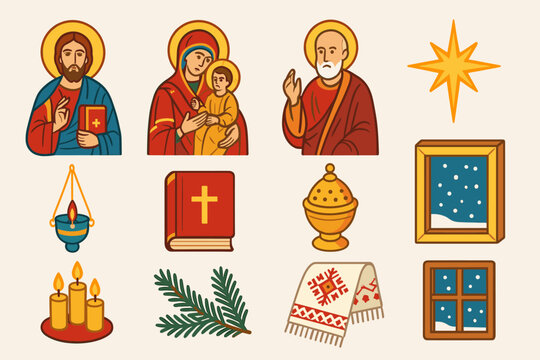 Modern Orthodox Icon Display. Orthodox Christmas Religious Icon Display flat icons set. Christ Pantocrator, Virgin with Child, saintly figure, radiant star, altar lamp, holy book