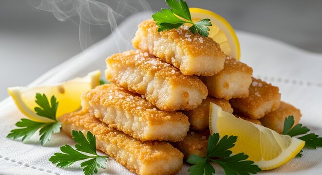 A steaming stack of golden-brown breaded fish sticks garnished with coarse salt, fresh parsley, and lemon wedges on a white plate.