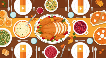 Traditional Thanksgiving Dinner Table with Roasted Turkey, Side Dishes, and Autumn-Themed Decorations