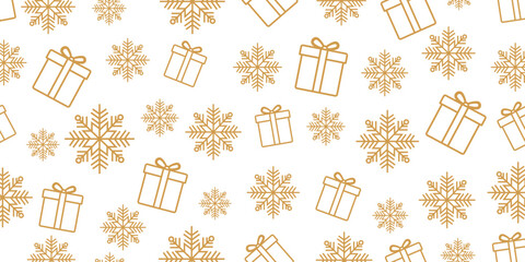 Elegant seamless Christmas and winter pattern featuring golden-brown outline icons of gift boxes and stylized snowflakes scattered randomly on a plain white background.