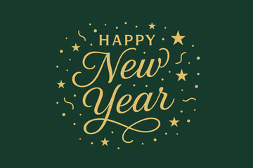 Elegant New Year Emblem. Sophisticated New Year emblem with 'Happy New Year' elegantly written in gold. The text is accompanied by small golden stars and confetti,. Vector illustration