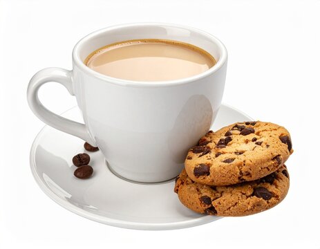 White ceramic coffee cup with milk coffee and chocolate chip cookies on saucer, cozy breakfast scene isolated on transparent or white background