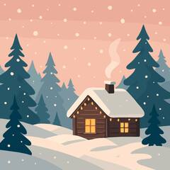 Fototapeta premium Cozy Winter Cabin. Cozy winter scene depicts a snowy landscape with a small cabin, surrounded by pine trees and falling snowflakes. The soft pink sky adds warmth to. Vector illustration